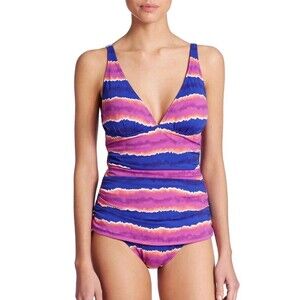 Tommy Bahama One-piece Swimsuit Sz 16 XL Striped Sunset Tankini Ruched Tropical